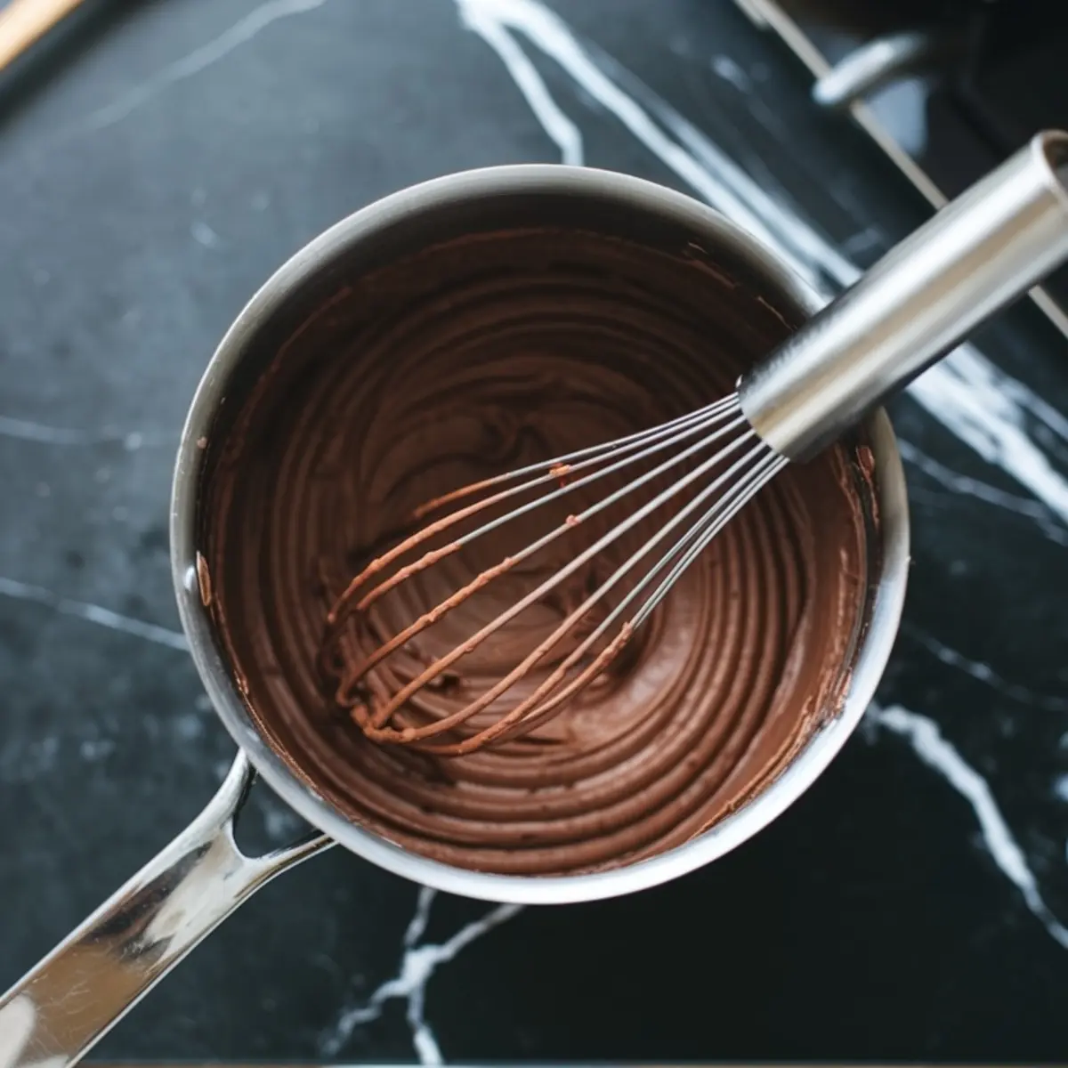 Whisk resting in a saucepan filled with velvety chocolate frosting, showcasing smooth, glossy folds on a dark marble surface.