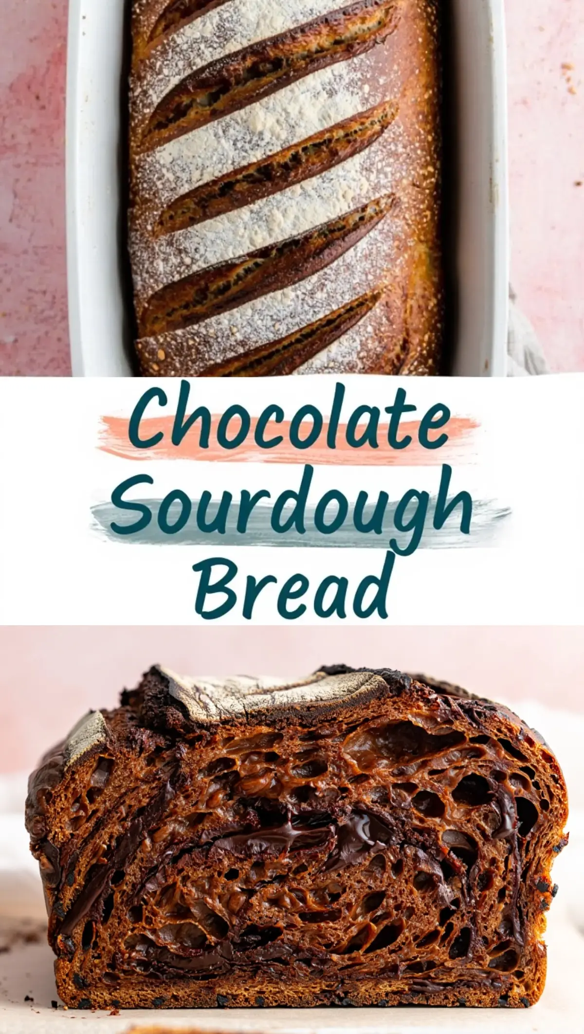 Collage of chocolate sourdough bread with a top view of the baked loaf and a close-up of the moist, airy, chocolate-studded interior slice.
