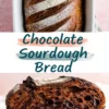 Collage of chocolate sourdough bread showing a baked loaf with decorative slashes dusted in flour on top and a sliced view revealing a rich, chocolate-streaked crumb.