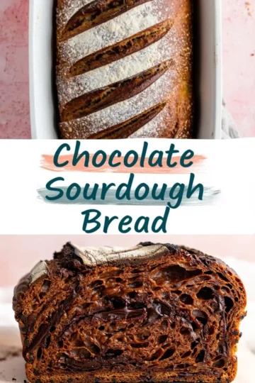 Collage of chocolate sourdough bread showing a baked loaf with decorative slashes dusted in flour on top and a sliced view revealing a rich, chocolate-streaked crumb.