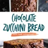 Baked chocolate zucchini bread topped with melty chocolate chips and salt in a loaf pan, paired with a stack of two thick slices on a ceramic plate highlighting dark chocolate crumb and shredded zucchini.