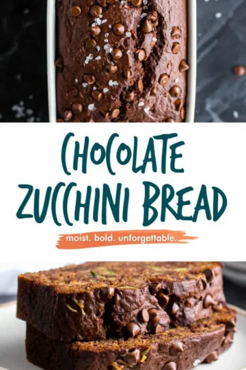Baked chocolate zucchini bread topped with melty chocolate chips and salt in a loaf pan, paired with a stack of two thick slices on a ceramic plate highlighting dark chocolate crumb and shredded zucchini.