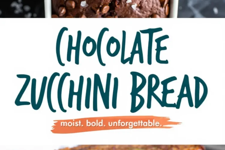 Baked chocolate zucchini bread topped with melty chocolate chips and salt in a loaf pan, paired with a stack of two thick slices on a ceramic plate highlighting dark chocolate crumb and shredded zucchini.