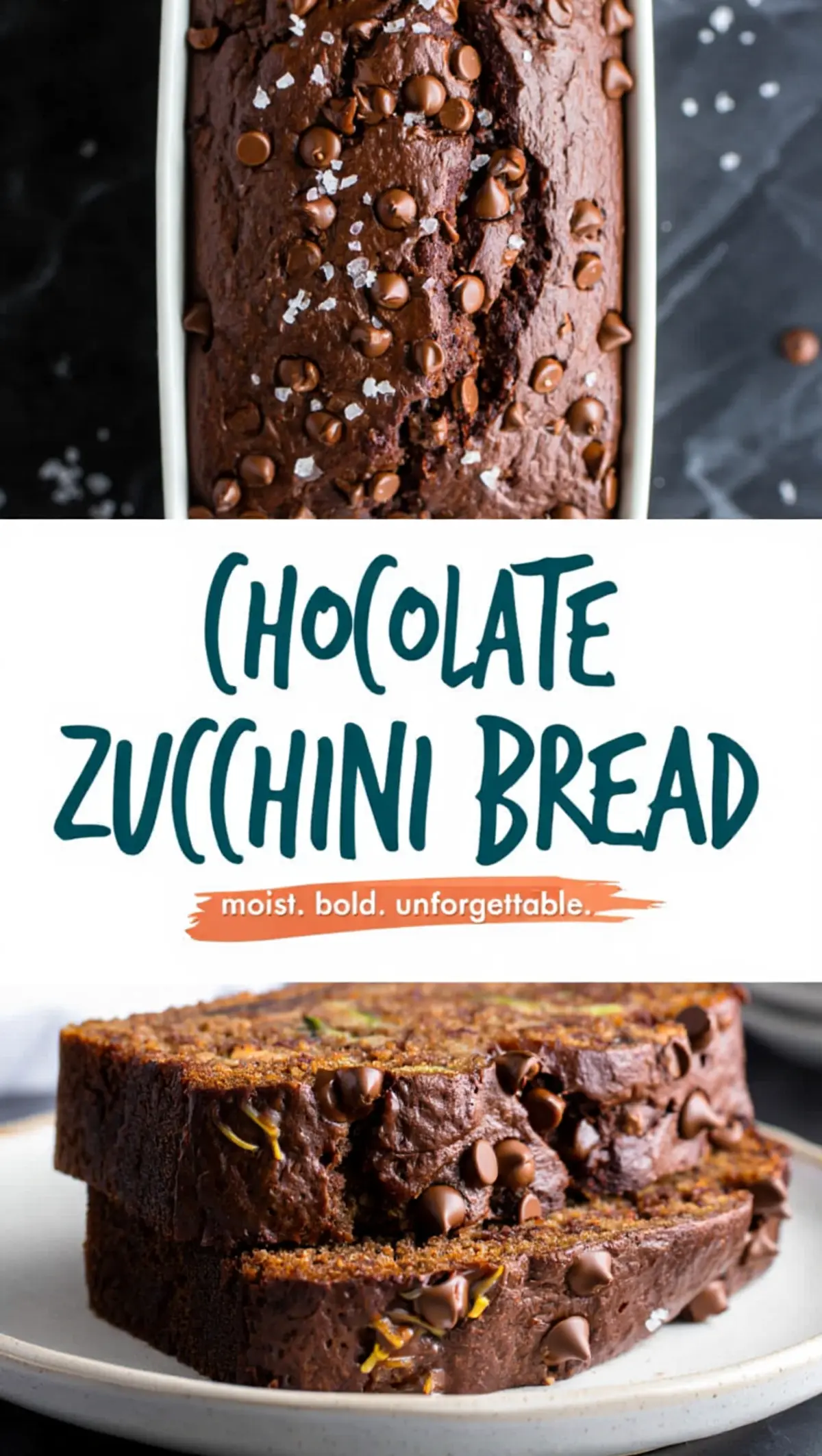 Baked chocolate zucchini bread topped with melty chocolate chips and salt in a loaf pan, paired with a stack of two thick slices on a ceramic plate highlighting dark chocolate crumb and shredded zucchini.