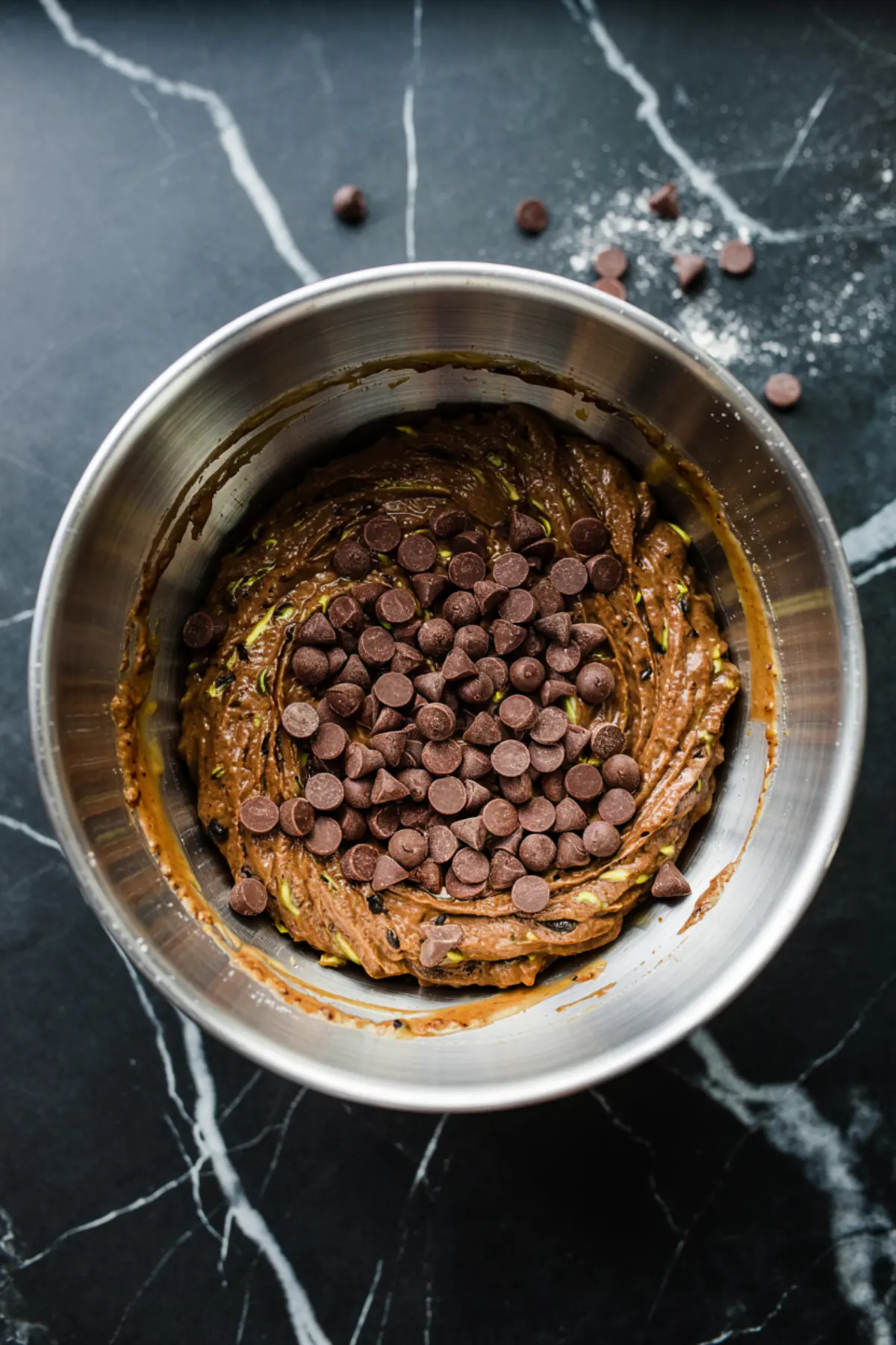 Stainless steel mixing bowl filled with thick chocolate zucchini bread batter, topped with a generous mound of semi-sweet chocolate chips on a dark marble countertop.