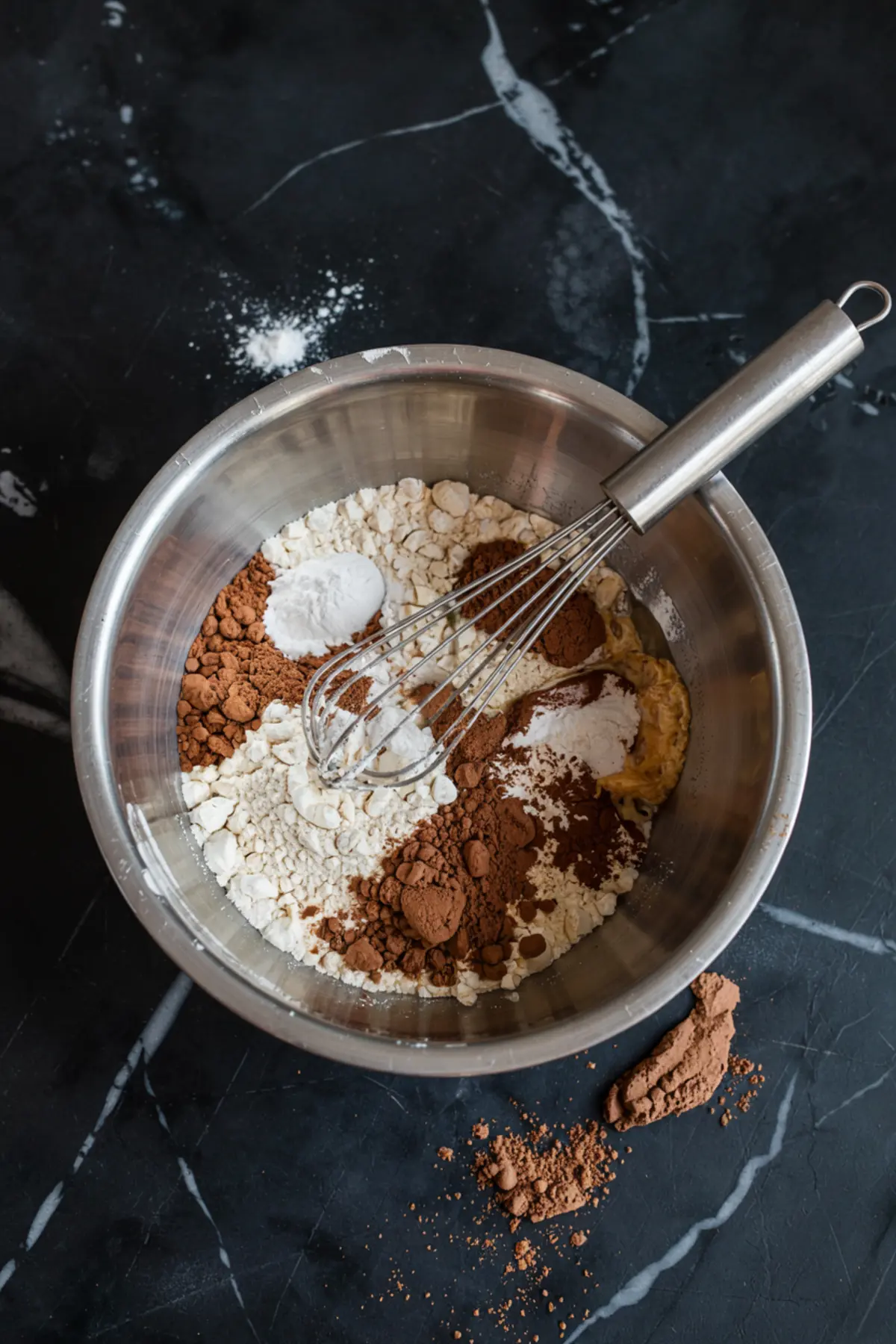 Dry baking ingredients for chocolate zucchini bread including flour, cocoa powder, baking soda, and cottage cheese in a mixing bowl with a whisk, surrounded by scattered cocoa on a black marble surface.