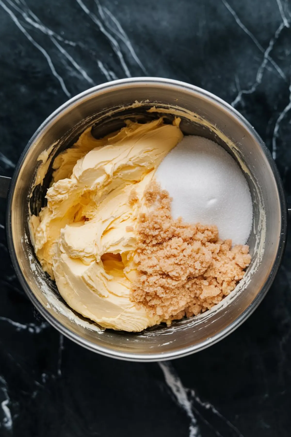 A mixing bowl filled with softened butter, granulated sugar, and brown sugar, showing the creaming stage of the coconut churro cookie dough preparation.
