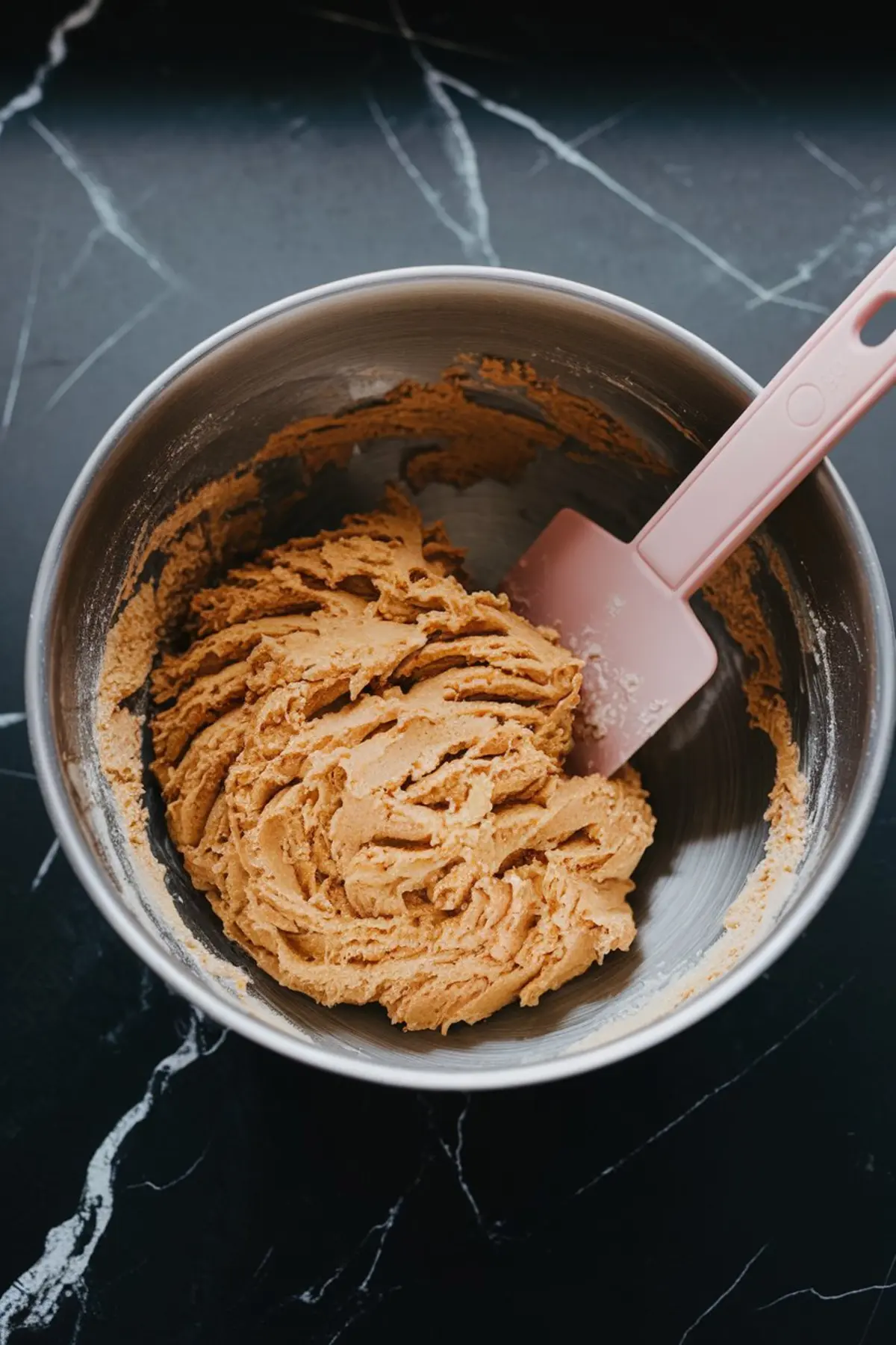 Creamy cookie dough blended to a smooth texture in a stainless steel bowl, ready for shaping into coconut churro cookie rings.
