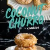 Golden coconut churro cookies styled on an elegant white platter and served on a small ceramic plate. These ring-shaped cookies are coated in toasted shredded coconut and baked to a light golden brown for a crisp, sweet finish.