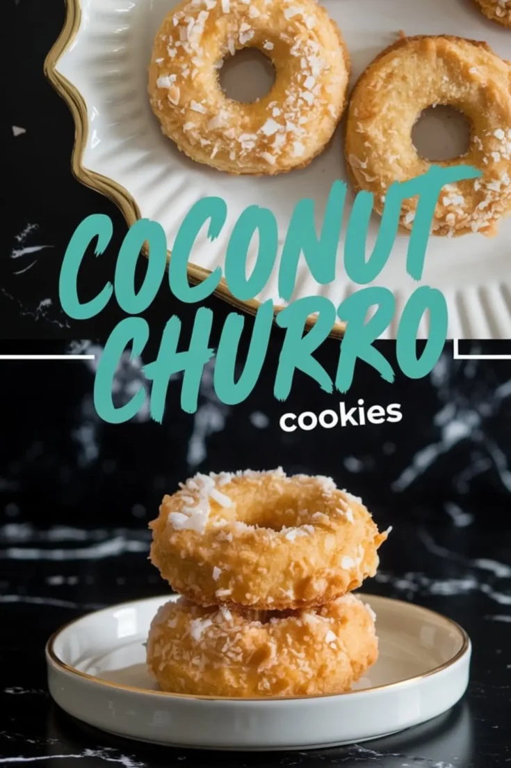 Golden coconut churro cookies styled on an elegant white platter and served on a small ceramic plate. These ring-shaped cookies are coated in toasted shredded coconut and baked to a light golden brown for a crisp, sweet finish.