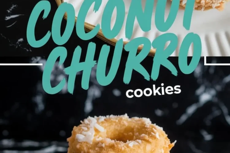 Golden coconut churro cookies styled on an elegant white platter and served on a small ceramic plate. These ring-shaped cookies are coated in toasted shredded coconut and baked to a light golden brown for a crisp, sweet finish.