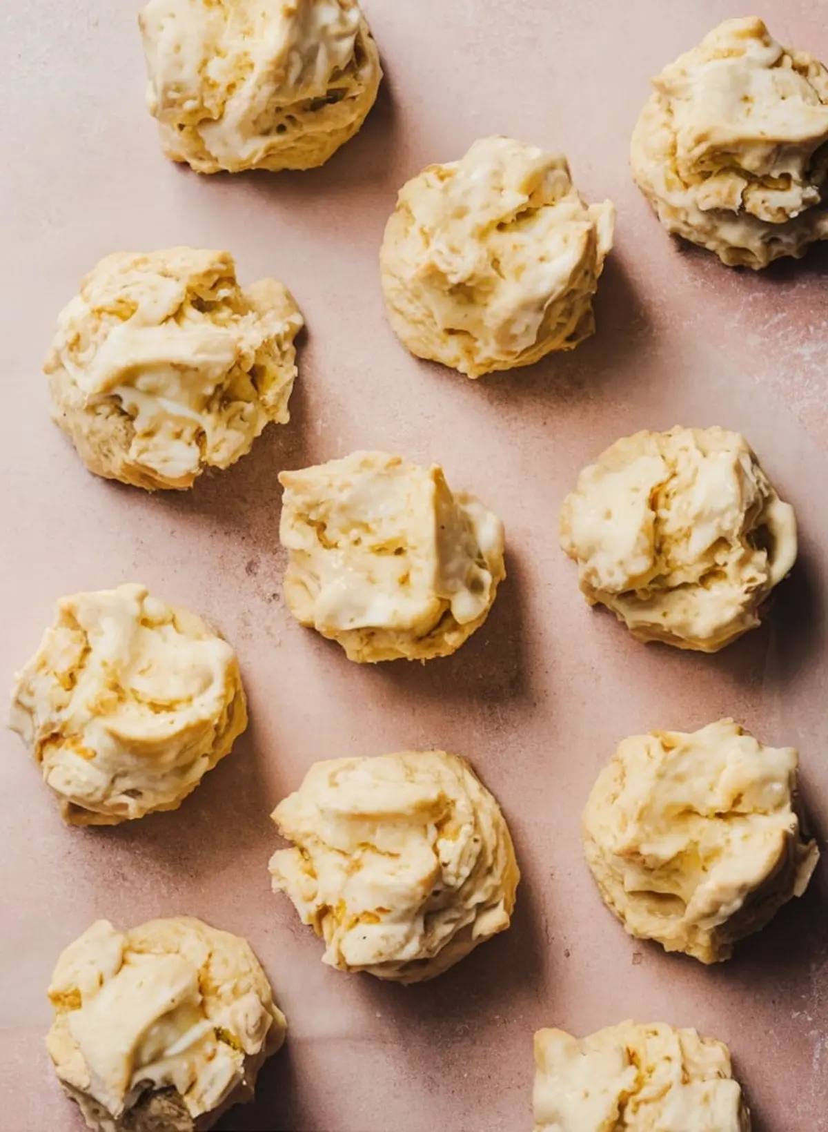 Flat lay of scooped, ready-to-bake cottage cheese biscuit dough on a pink surface, with each portion having a soft, textured appearance.