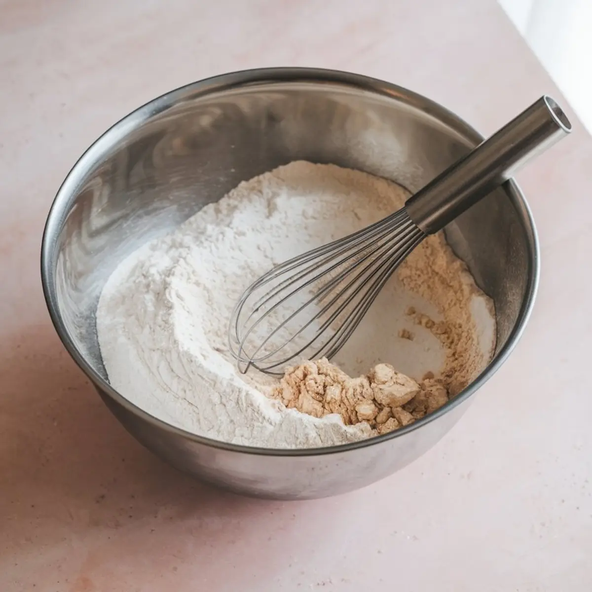 Metal mixing bowl with a wire whisk resting in a blend of white and whole wheat flour, set against a soft pink background, capturing a biscuit dough preparation stage.