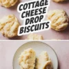 Collage image showing raw cottage cheese biscuit scoops on a light pink background, and a single biscuit cut in half on a ceramic plate, highlighting the soft interior texture.
