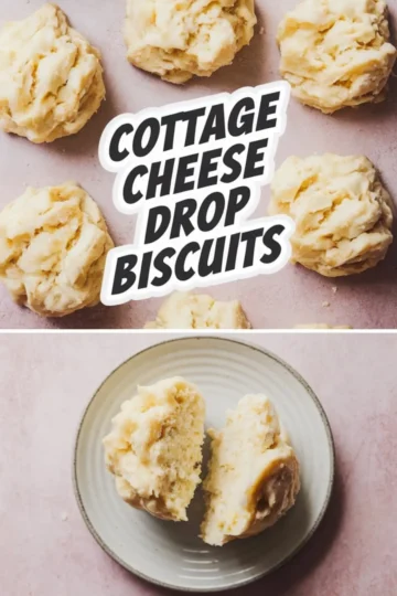 Collage image showing raw cottage cheese biscuit scoops on a light pink background, and a single biscuit cut in half on a ceramic plate, highlighting the soft interior texture.