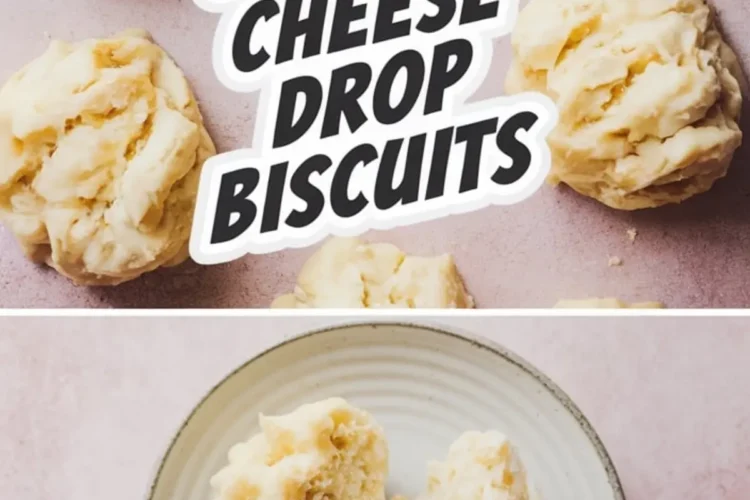Collage image showing raw cottage cheese biscuit scoops on a light pink background, and a single biscuit cut in half on a ceramic plate, highlighting the soft interior texture.