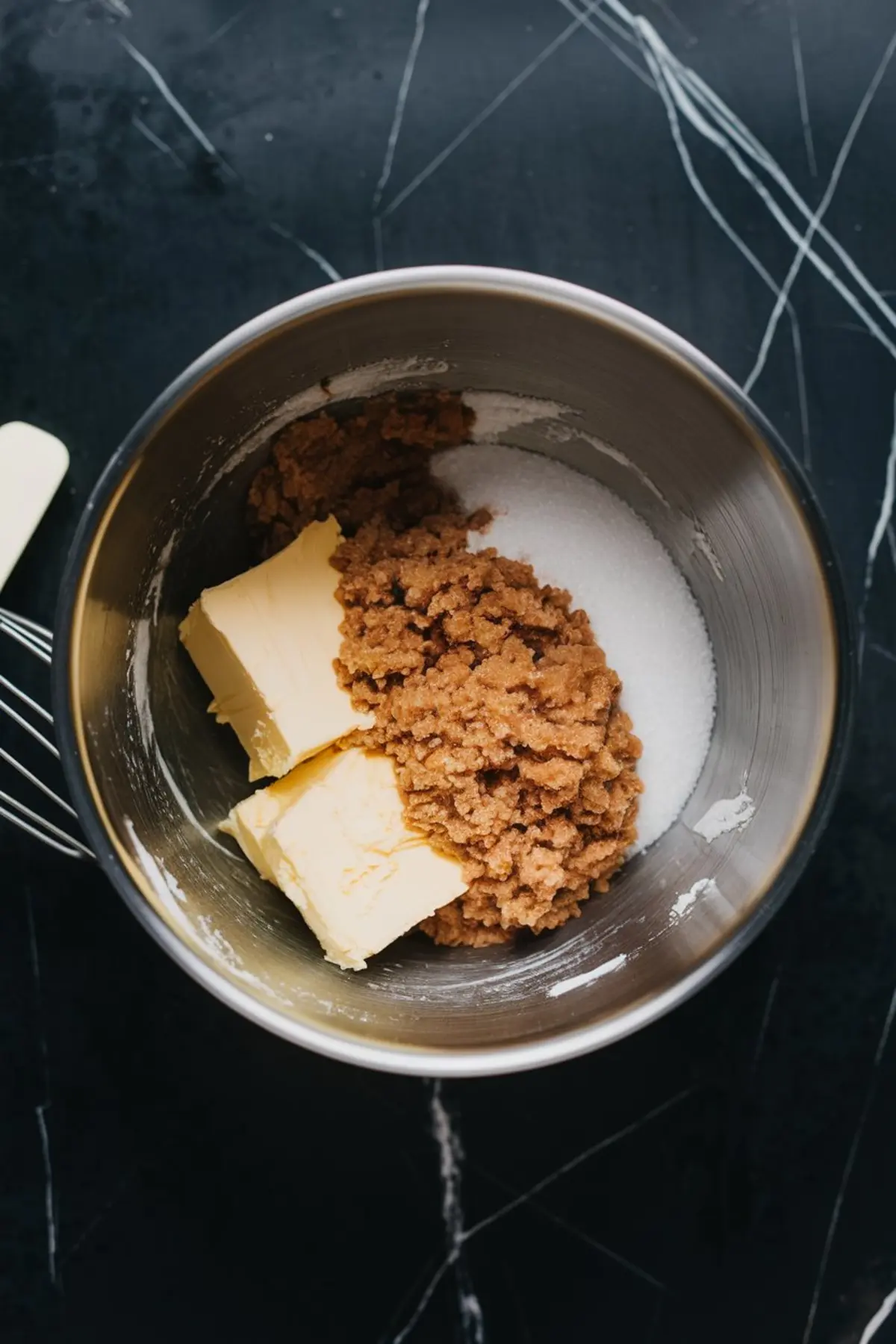 Mixing bowl with softened butter, brown sugar, and white sugar on a black marble countertop, showing the beginning stage of cookie dough preparation.