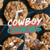 Collage of chewy cowboy cookies on black marble, featuring full cookies, a cookie with a bite taken out, and a cookie broken in half to reveal melty chocolate chips, oats, and toasted coconut.