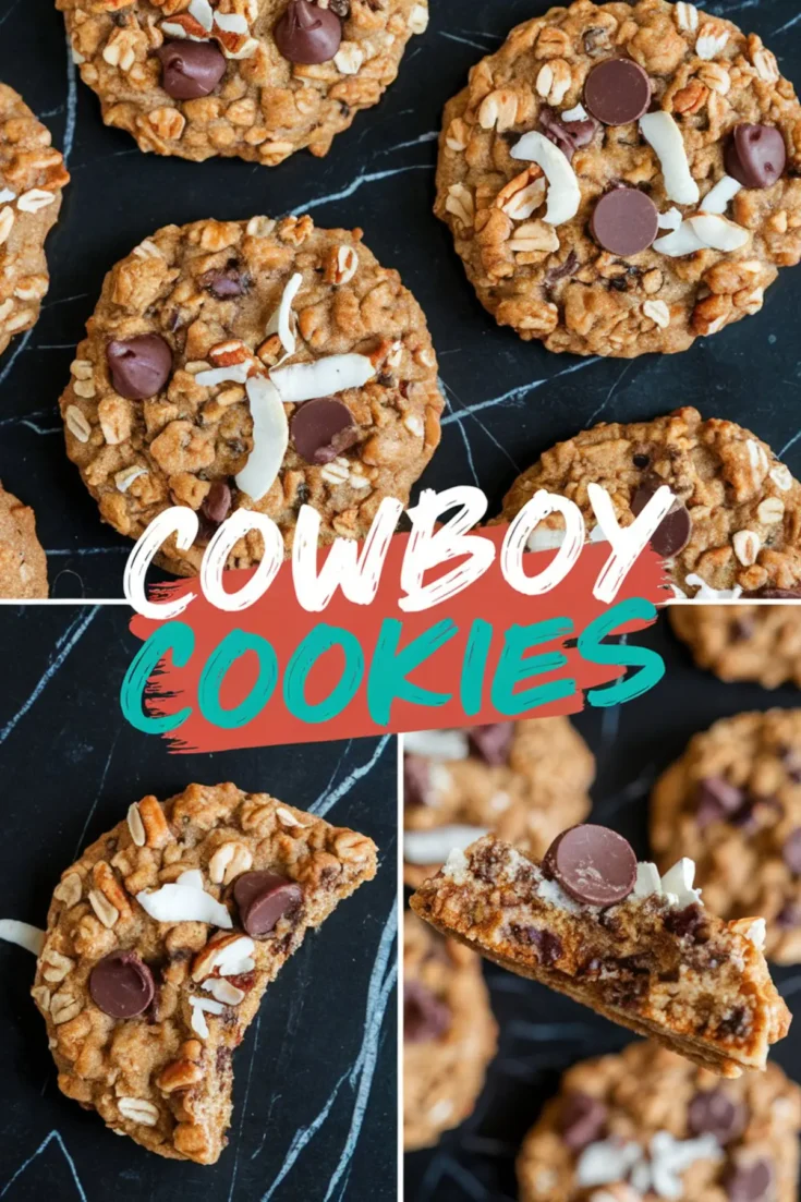 Collage of chewy cowboy cookies on black marble, featuring full cookies, a cookie with a bite taken out, and a cookie broken in half to reveal melty chocolate chips, oats, and toasted coconut.
