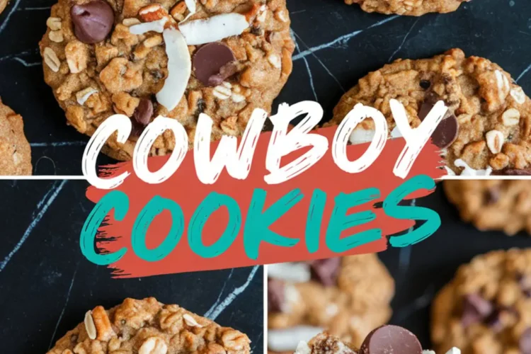 Collage of chewy cowboy cookies on black marble, featuring full cookies, a cookie with a bite taken out, and a cookie broken in half to reveal melty chocolate chips, oats, and toasted coconut.