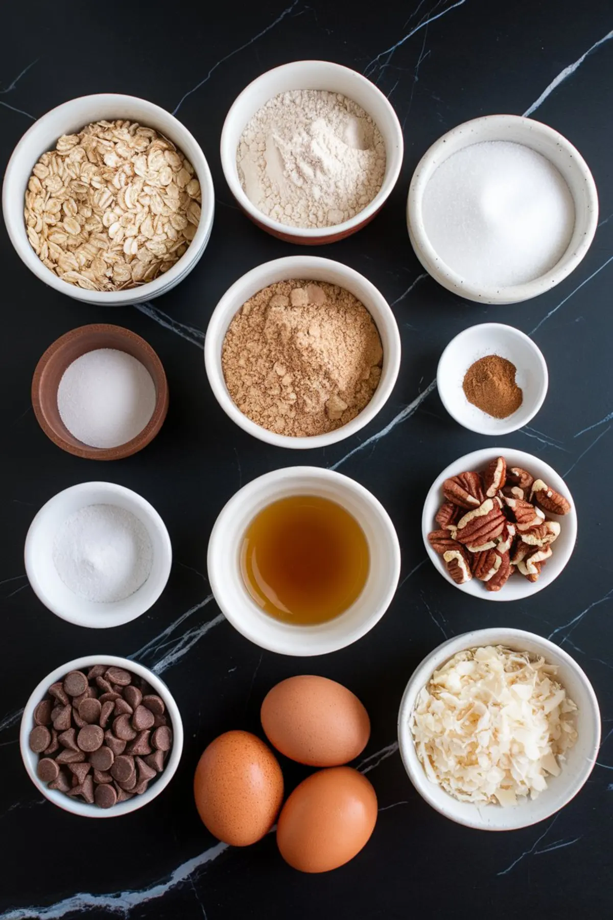 Flat lay of cowboy cookie ingredients in small bowls, including oats, flour, sugars, pecans, chocolate chips, shredded coconut, vanilla extract, eggs, baking soda, and cinnamon on a black marble background.