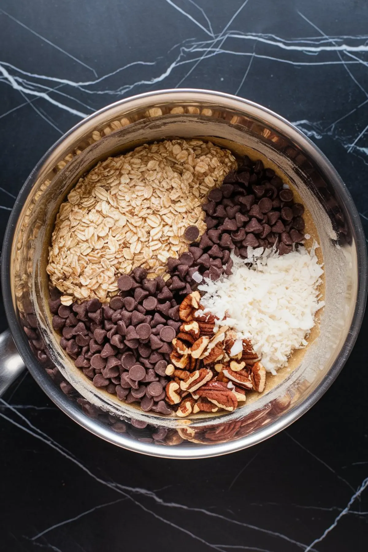 Overhead view of a large mixing bowl filled with oats, chocolate chips, pecans, and shredded coconut on top of partially mixed cookie dough, displaying the chunky cowboy cookie mixture.