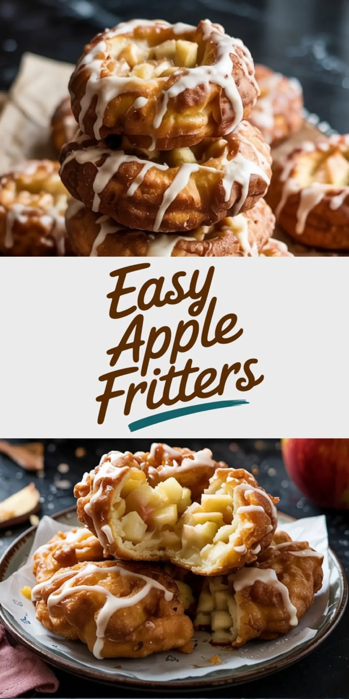 Golden apple fritters stacked high and drizzled with vanilla glaze, showing a close-up of the fluffy, tender interior filled with juicy apple chunks, perfect for autumn baking and cozy dessert ideas.
