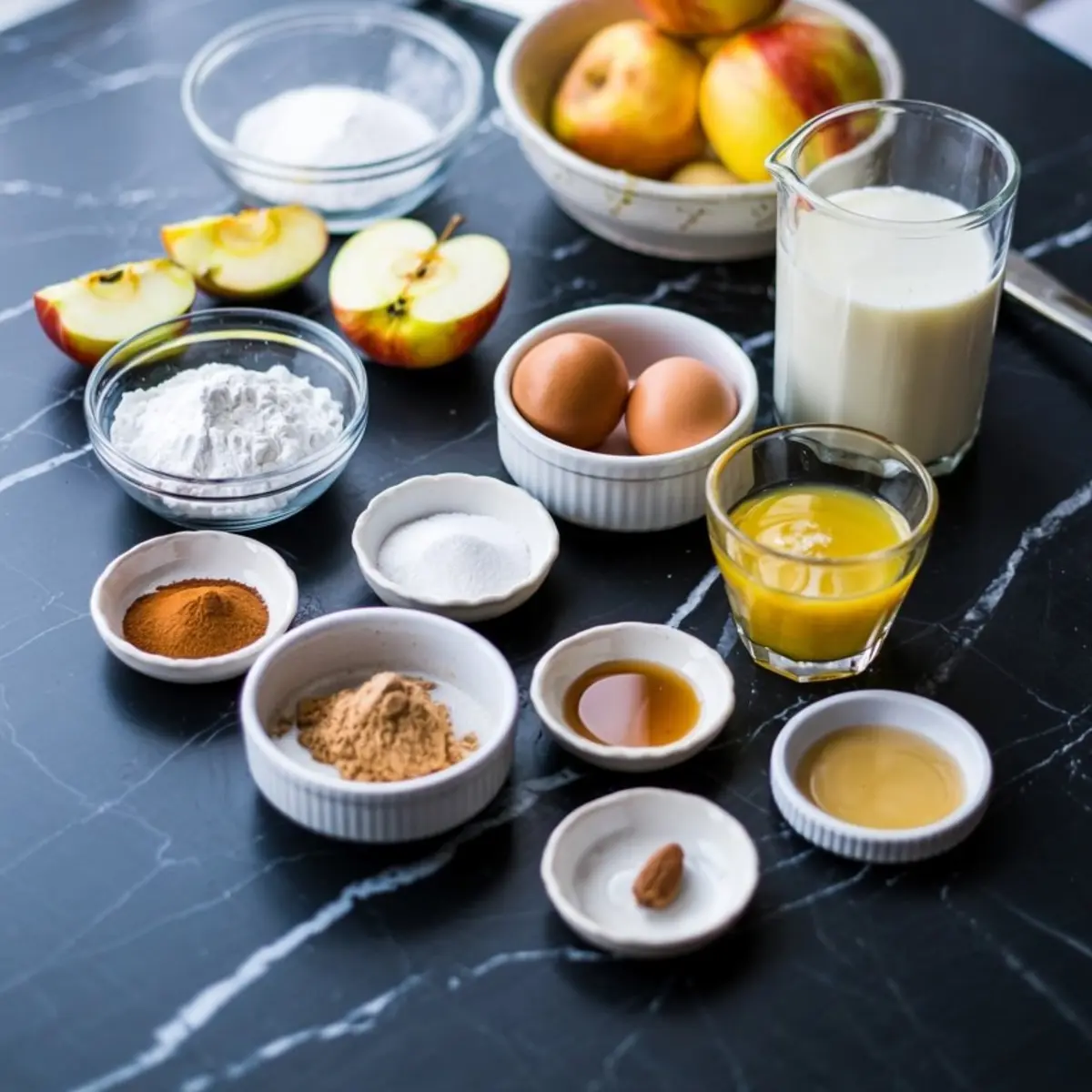 Flat lay of apple fritter ingredients on a black marble countertop, including fresh apples, flour, eggs, milk, melted butter, cinnamon, nutmeg, vanilla extract, and sugar, showcasing a vibrant baking preparation setup.
