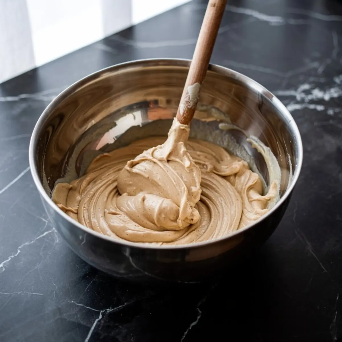 Thick, spiced batter being mixed in a metal bowl with a wooden spatula, ready for creating homemade apple fritters, ideal for showcasing the rich texture and creamy consistency of fresh batter preparation.
