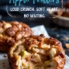 Close-up of a crispy apple fritter broken open to reveal a creamy, cinnamon-spiced apple filling, highlighted by bold text “Loud Crunch. Soft Heart. No Waiting.”, perfect for promoting cozy, homemade dessert inspiration.