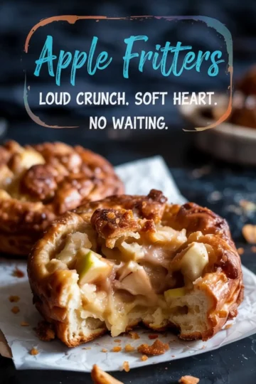 Close-up of a crispy apple fritter broken open to reveal a creamy, cinnamon-spiced apple filling, highlighted by bold text “Loud Crunch. Soft Heart. No Waiting.”, perfect for promoting cozy, homemade dessert inspiration.