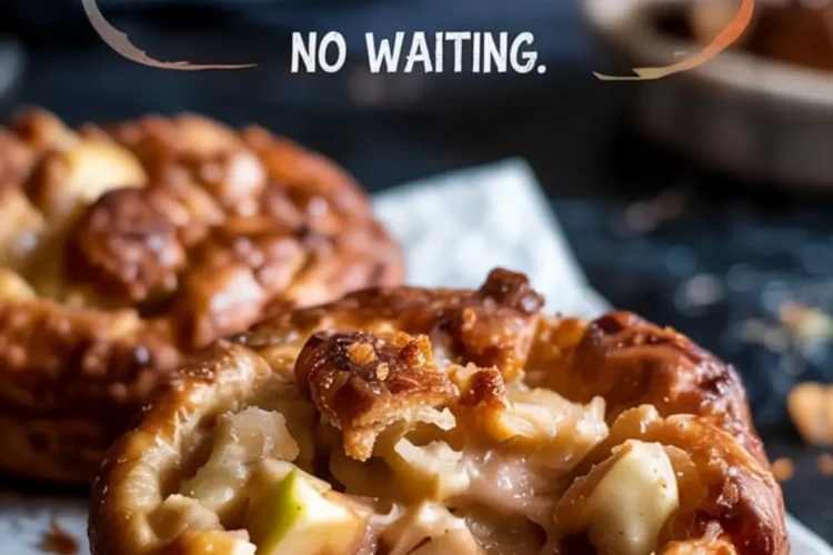 Close-up of a crispy apple fritter broken open to reveal a creamy, cinnamon-spiced apple filling, highlighted by bold text “Loud Crunch. Soft Heart. No Waiting.”, perfect for promoting cozy, homemade dessert inspiration.