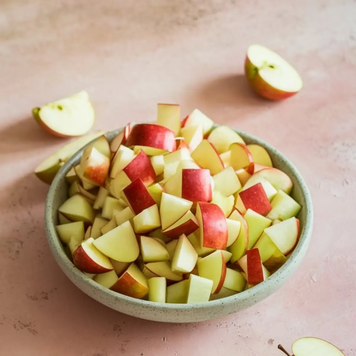 Bowl filled with freshly chopped red apples on a pink surface, showing a mix of large and small pieces ready to be used in fruit salads or snacks.