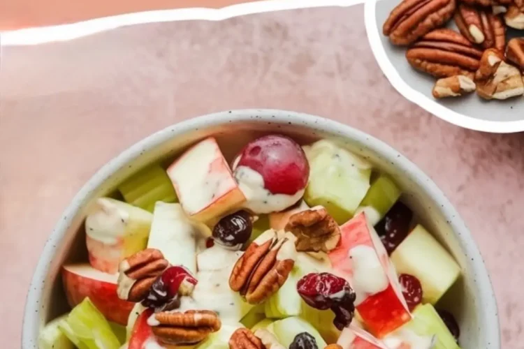 Top view of an apple salad featuring green and red apple chunks, red grapes, celery pieces, dried cranberries, and pecans, all coated in a creamy dressing and served in a speckled bowl with text overlay that reads “Easy Apple Salad.”