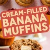 Flat lay and close-up collage of banana muffins with creamy filling, highlighting their baked golden tops and a soft interior with thick, swirled cream center, styled on a pink table with a ceramic plate.