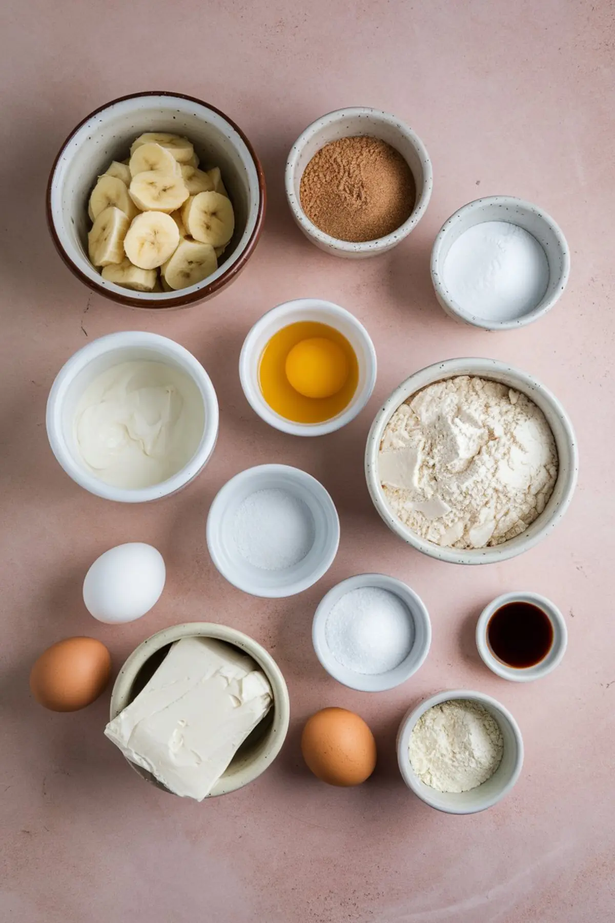Flat lay of banana muffin ingredients on a blush pink surface, including sliced bananas, eggs, flour, sour cream, cream cheese, sugar, vanilla extract, and leavening agents in small ceramic bowls.