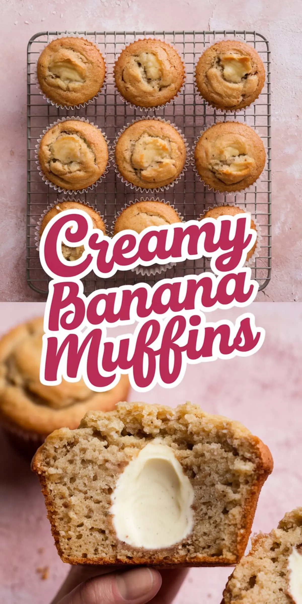 Collage showing golden banana muffins cooling on a wire rack and a close-up of one halved muffin with a rich cream center, highlighting the soft crumb texture and creamy filling on a light pink background.