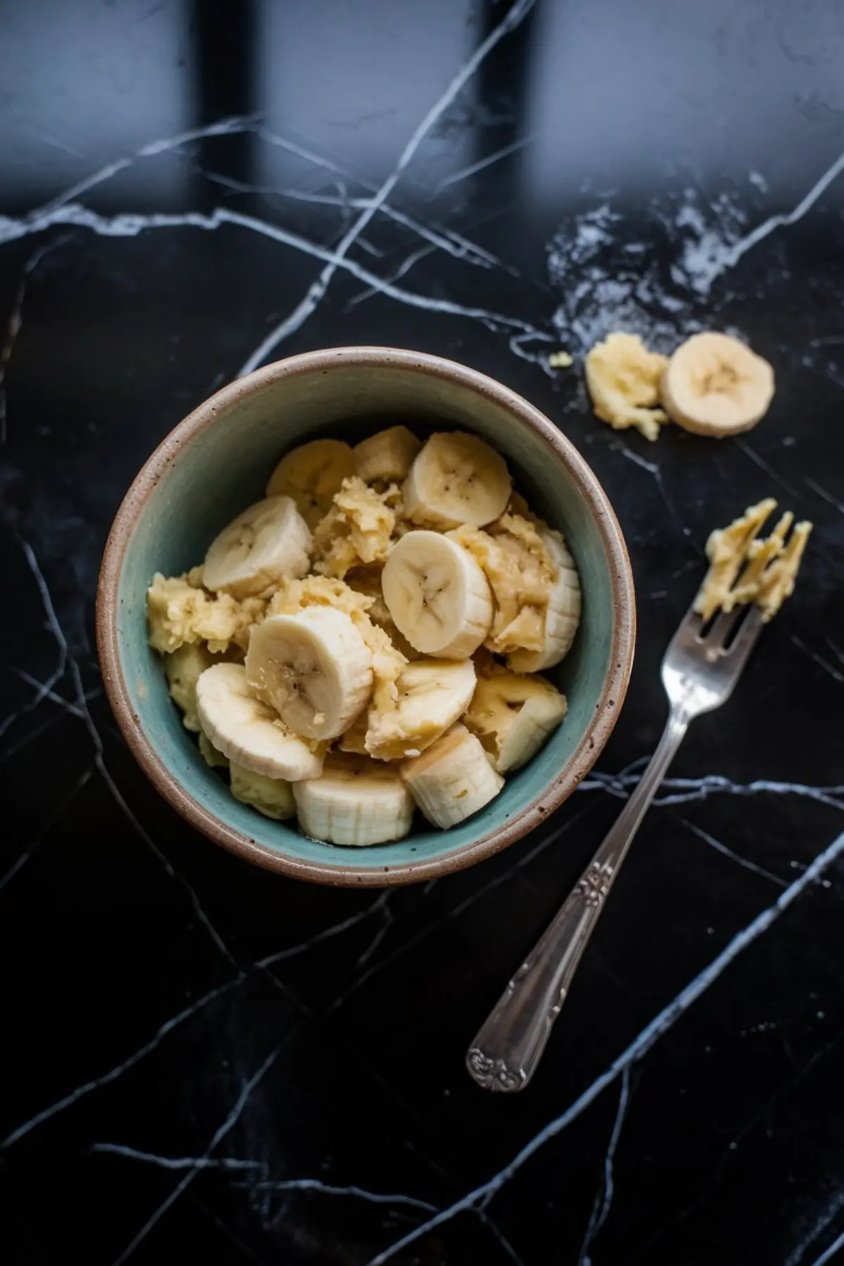 Overhead view of a rustic bowl filled with partially mashed and sliced ripe bananas, placed on a dark marble counter with a fork nearby and banana chunks scattered around.

