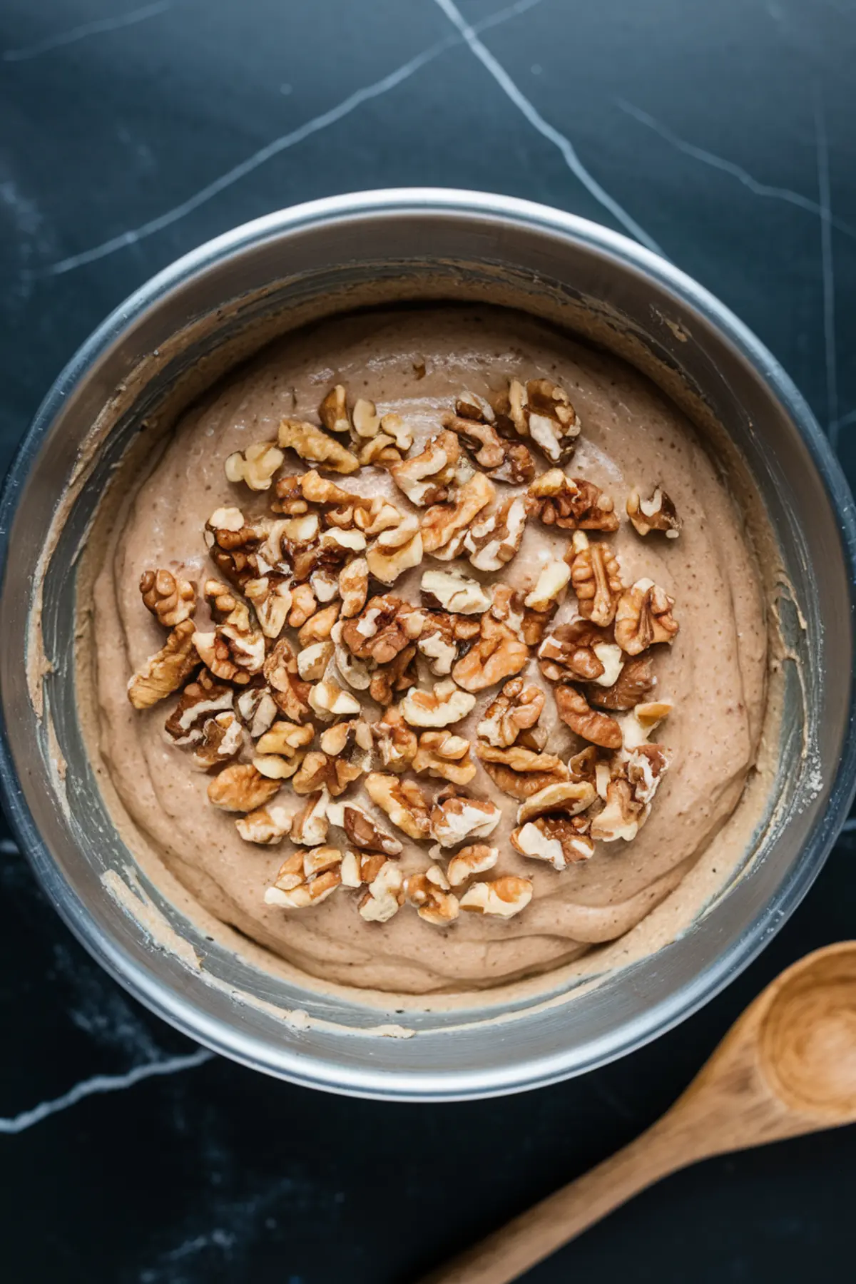 Close-up of banana bread batter mixed with chopped walnuts in a stainless steel bowl. The creamy batter has a smooth texture, and a wooden spoon rests beside the bowl on a dark countertop.
