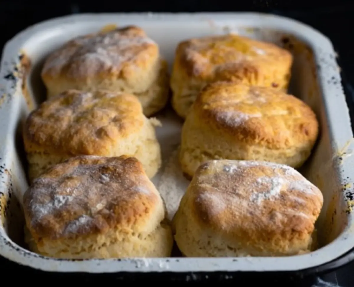 Golden brown homemade biscuits in a white baking tray, dusted with flour and baked to a fluffy, layered texture with crispy tops.