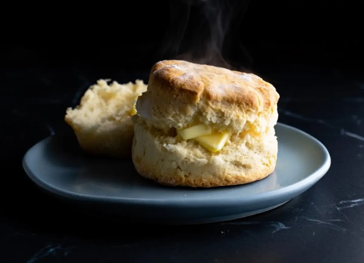 Steaming buttered biscuit on a matte blue plate with a broken half beside it, showcasing a soft, flaky texture and golden crust.