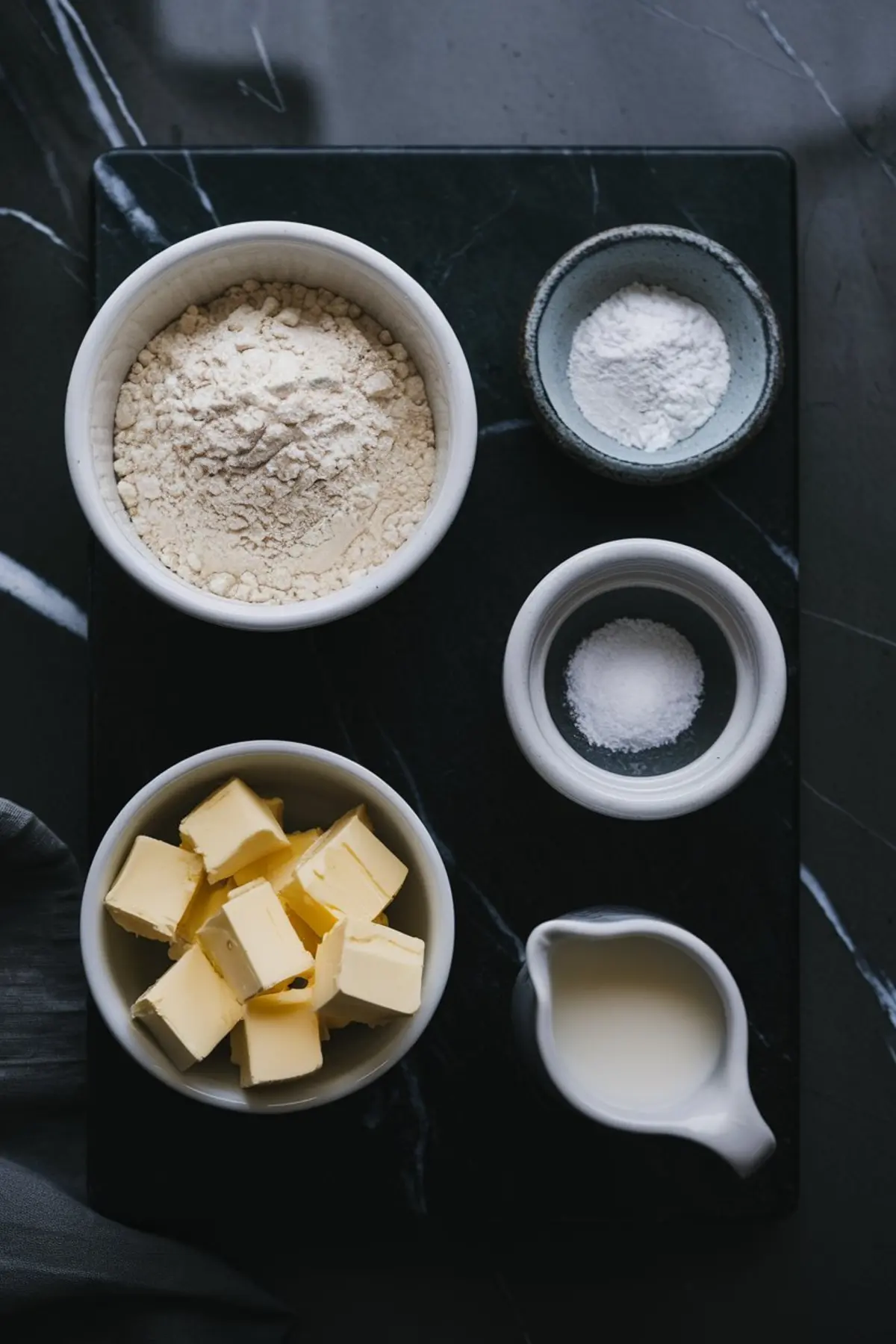 Flatlay of baking ingredients on a dark marble surface, including flour, cubed butter, baking powder, salt, and milk in ceramic bowls.