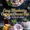 Collage displaying blueberry cottage cheese dip served in ramekins, topped with fresh blueberries, honey drizzle, and mint leaves. The top section shows a close-up overhead shot with vibrant garnishing, while the bottom portion presents multiple ramekins filled with the dip, with pancakes and syrup in the background for serving inspiration.