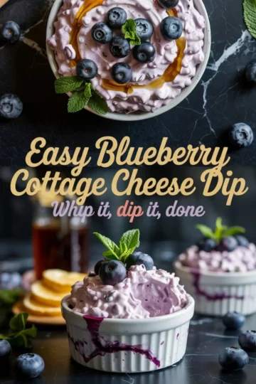 Collage displaying blueberry cottage cheese dip served in ramekins, topped with fresh blueberries, honey drizzle, and mint leaves. The top section shows a close-up overhead shot with vibrant garnishing, while the bottom portion presents multiple ramekins filled with the dip, with pancakes and syrup in the background for serving inspiration.
