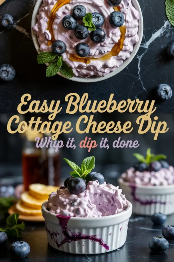 Collage displaying blueberry cottage cheese dip served in ramekins, topped with fresh blueberries, honey drizzle, and mint leaves. The top section shows a close-up overhead shot with vibrant garnishing, while the bottom portion presents multiple ramekins filled with the dip, with pancakes and syrup in the background for serving inspiration.