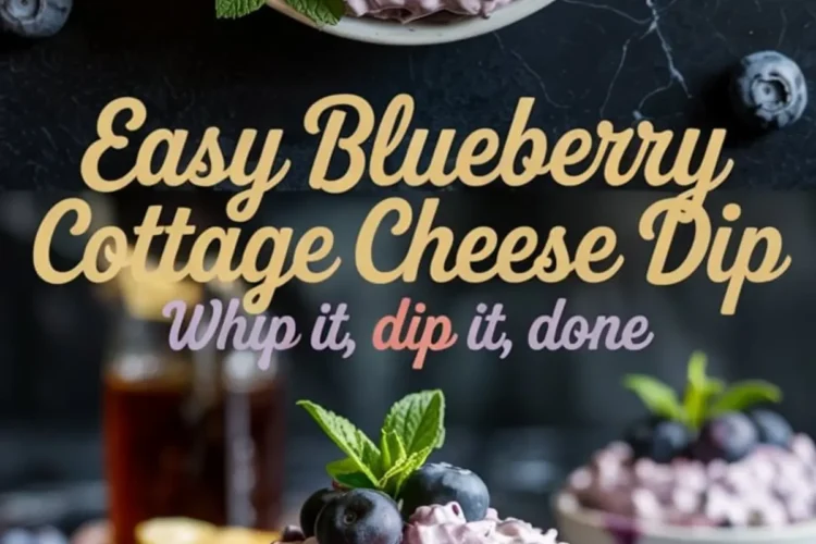Collage displaying blueberry cottage cheese dip served in ramekins, topped with fresh blueberries, honey drizzle, and mint leaves. The top section shows a close-up overhead shot with vibrant garnishing, while the bottom portion presents multiple ramekins filled with the dip, with pancakes and syrup in the background for serving inspiration.