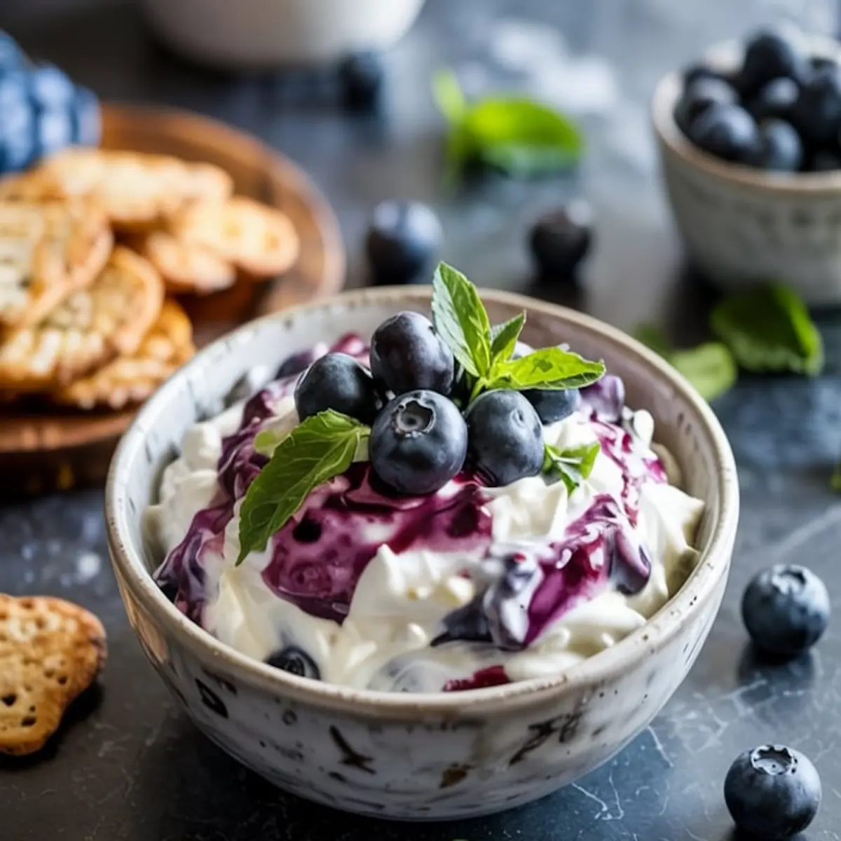 Bowl of blueberry cottage cheese dip with a creamy white base, swirled with blueberry sauce and topped with whole blueberries and fresh mint. Crackers are placed beside the bowl for dipping, and a rustic dark background enhances the dip’s vibrant colors.