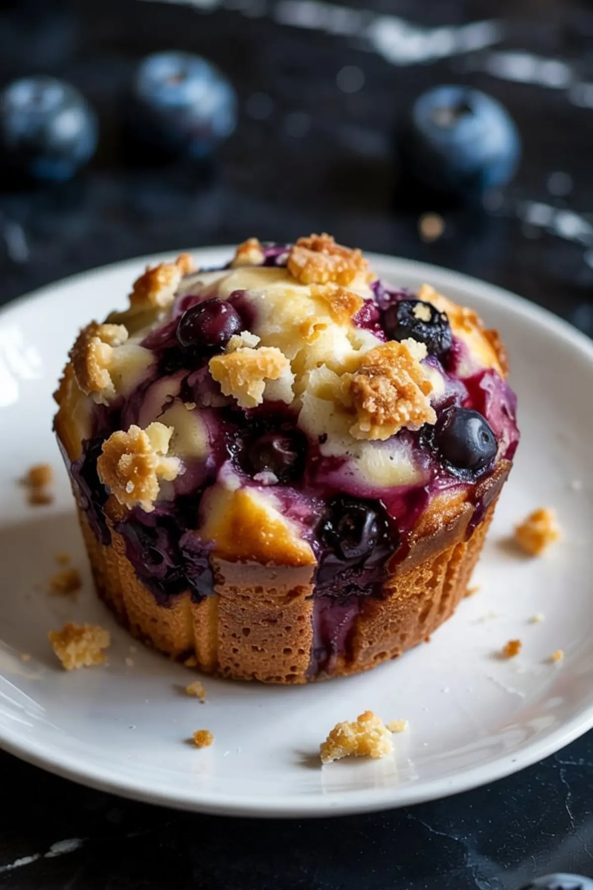 Freshly baked blueberry cream cheese muffin topped with golden crumble, served on a white plate with scattered crumbs and whole blueberries in the background, showcasing a rich, juicy blueberry swirl and moist texture.