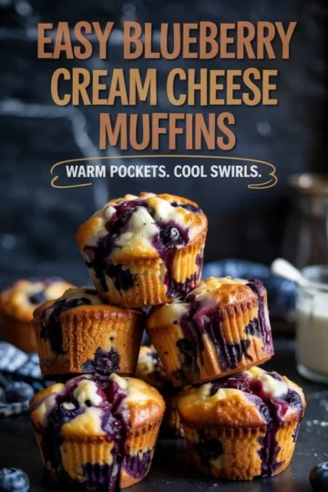 Stack of golden brown blueberry cream cheese muffins with creamy swirls and oozing berry filling, displayed against a dark background with bold text overlay promoting easy homemade muffins.