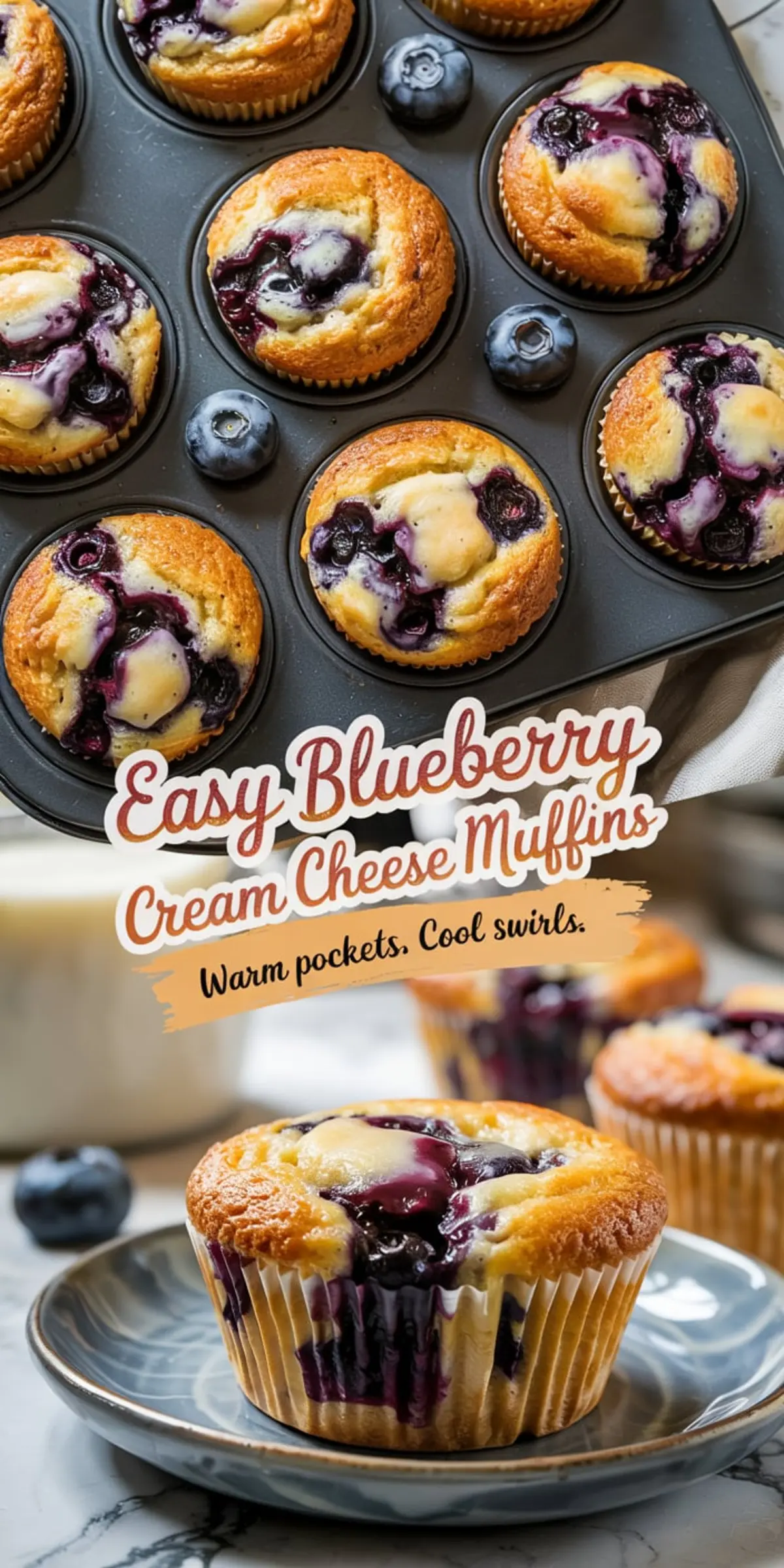 Overhead view of a muffin tin filled with golden baked blueberry cream cheese muffins, featuring creamy swirls and rich berry centers, with a close-up of one muffin on a ceramic plate and fresh blueberries scattered nearby.